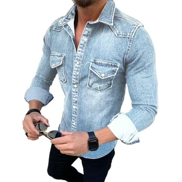 WSPLYSPJY Mens Casual Lapel Slim Fit Short Sleeve Buttons Demin Jeans Shirts WSPLYSPJY Mens Casual Lapel Slim Fit Short Sleeve Buttons Demin Jeans Shirts